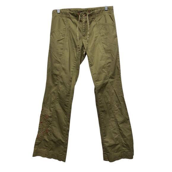 prAna Green Cotton Drawstring Utility pant with flare leg w/Embroidery Size XS - Picture 1 of 14